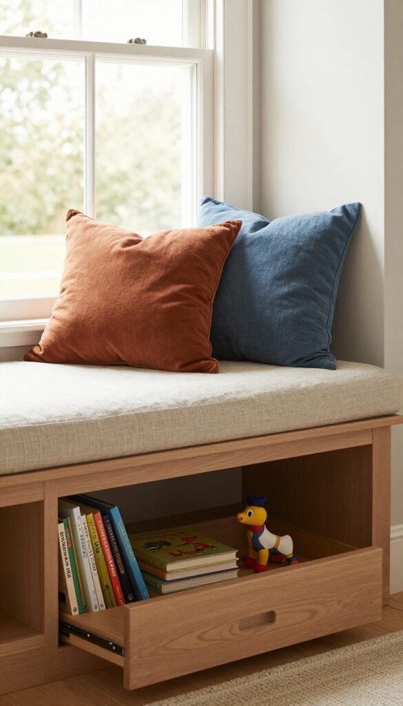 Cozy window seat with hidden storage drawers for toys and books in a warm, lived-in living room