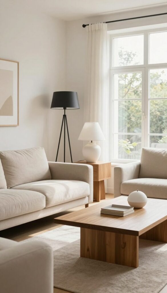 Modern living room with layered lighting including floor lamp, table lamp, and pendant light over coffee table