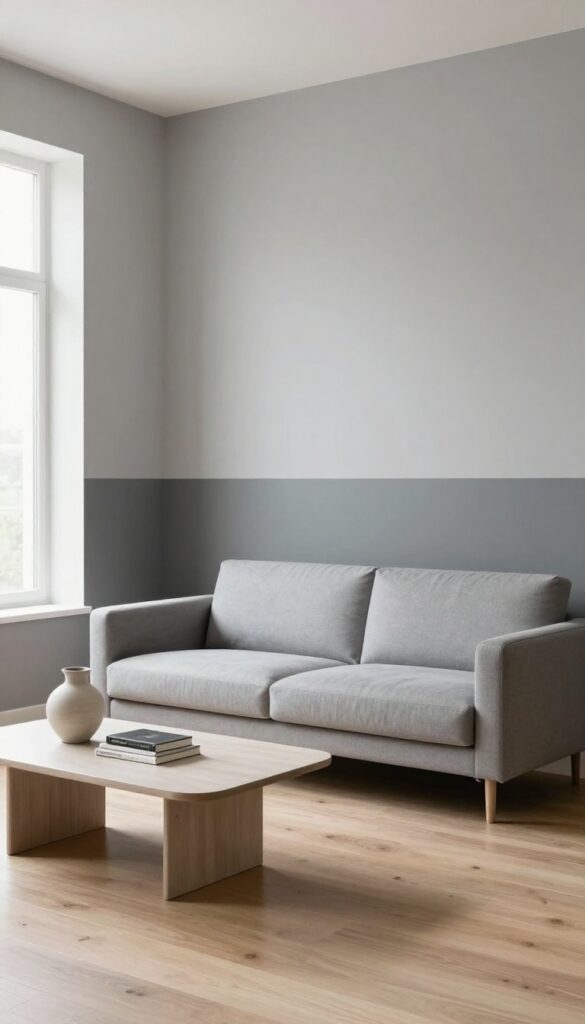 Modern living room with two-tone gray walls, charcoal lower half and warm gray upper half, bright natural light, sleek furniture, clean composition.