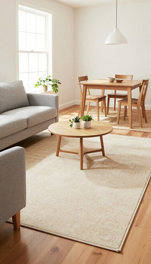 Small living-dining room with two rugs defining separate zones: a beige wool rug under the sofa and a jute rug under the dining table.