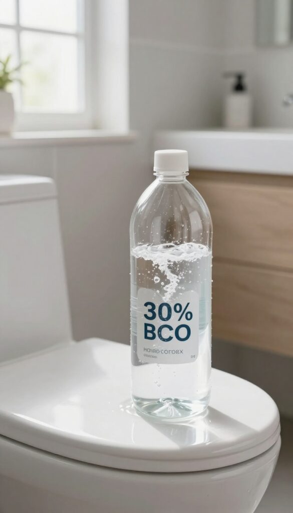 Close-up of a toilet tank with hydrogen peroxide fizzing, clean bathroom background