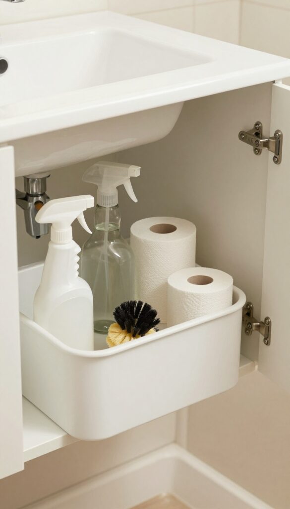 Under-sink bathroom organization with a lazy Susan holding cleaning supplies