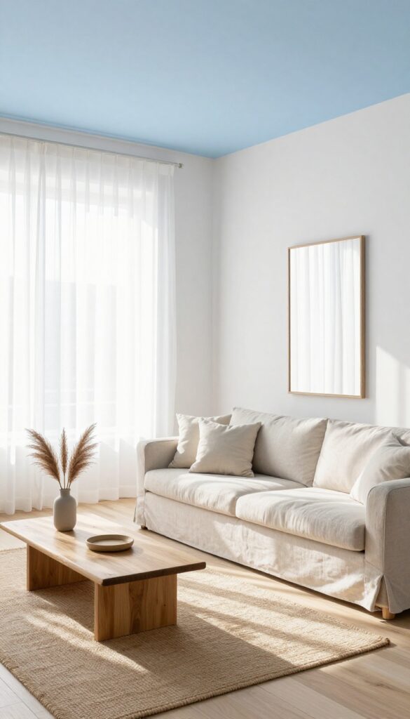Living room with pale sky blue ceiling, white walls, linen sofa, natural textures, and sunlight creating an open, airy atmosphere.