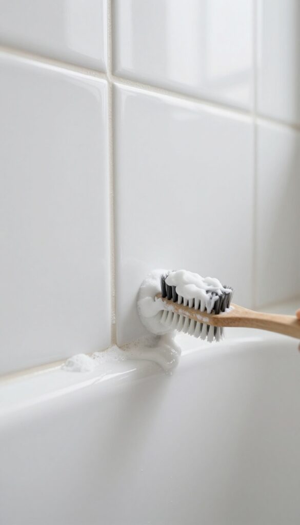 Close-up of scrubbing grout with baking soda paste using a toothbrush in a bright bathroom.