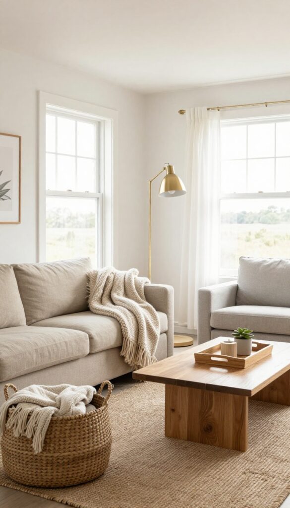 Light neutral mobile home living room with textured decor and natural light