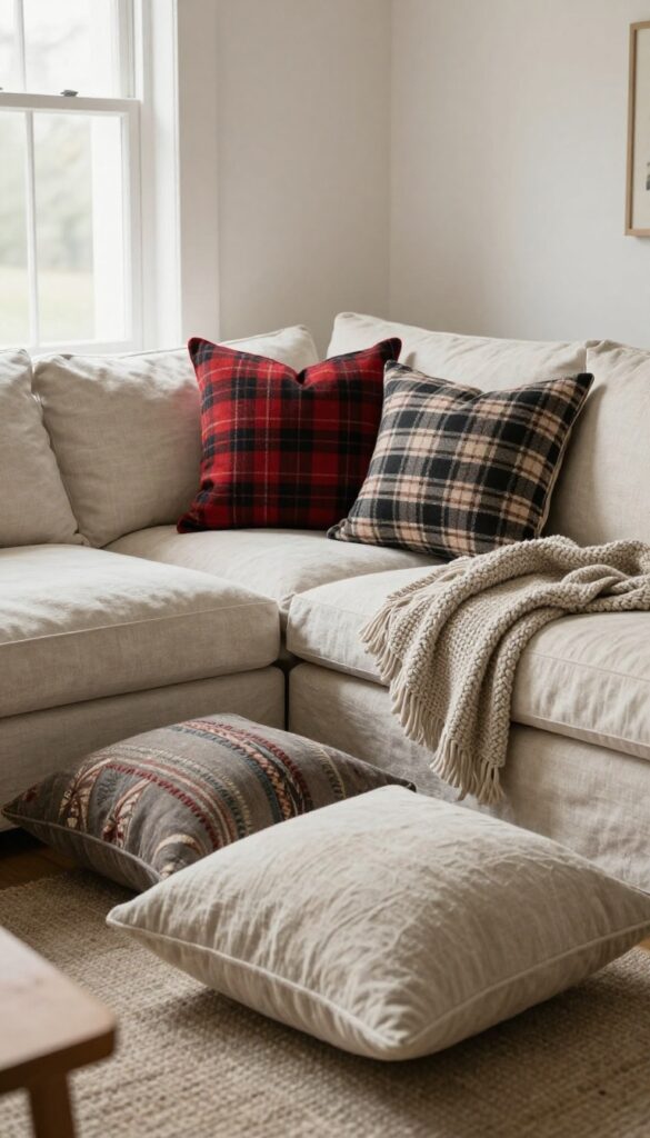 Cozy rustic living room with plaid and flannel pillows on a neutral sofa, chunky knit throw, and natural light.