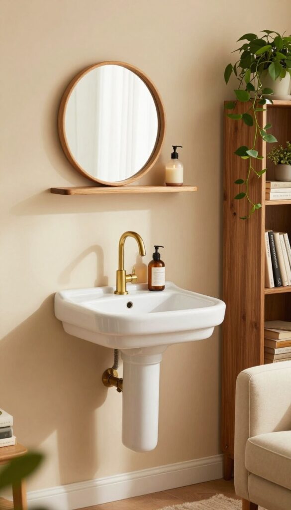 Cozy living room corner with a pedestal sink, round mirror, and wooden shelf styled with a candle and lotion.