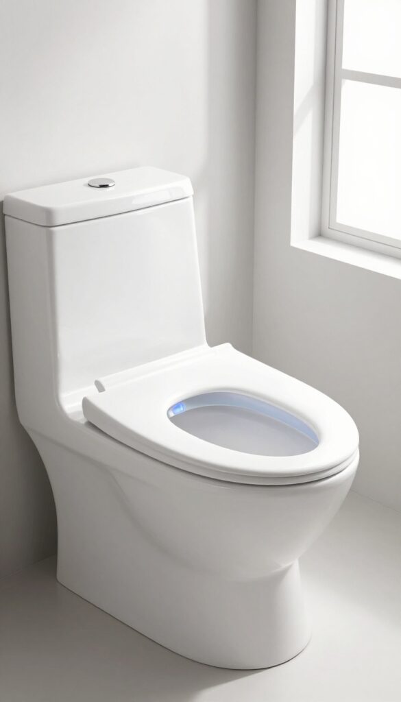 A clean white toilet in a bright bathroom with a modern water softener unit in the foreground, symbolizing hard water prevention.