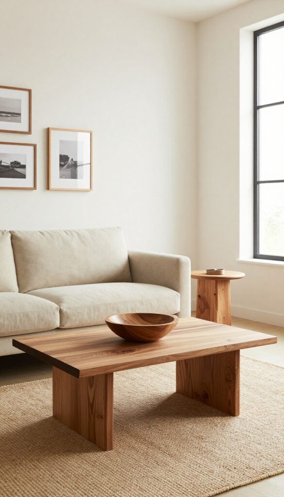 Living room with beige sofa, warm wood coffee table, jute rug, and natural light