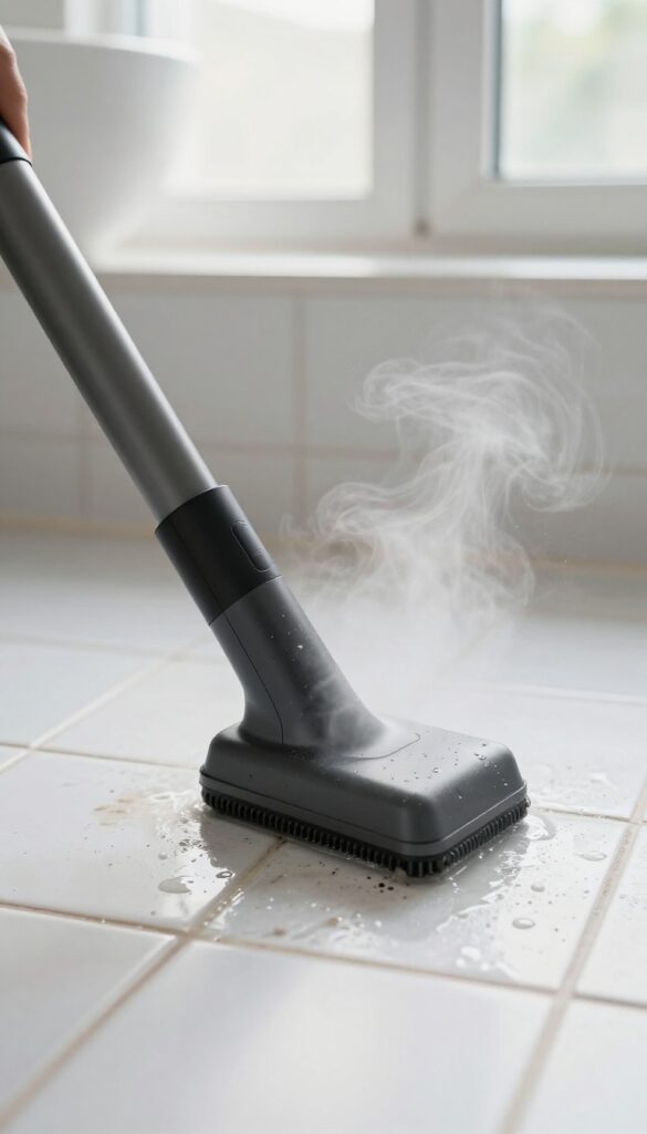 Handheld steam cleaner cleaning bathroom tiles with steam vapor