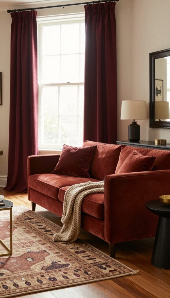 A monochrome red and burgundy living room with a velvet rust sofa, burgundy curtains, patterned rug, and warm textures.