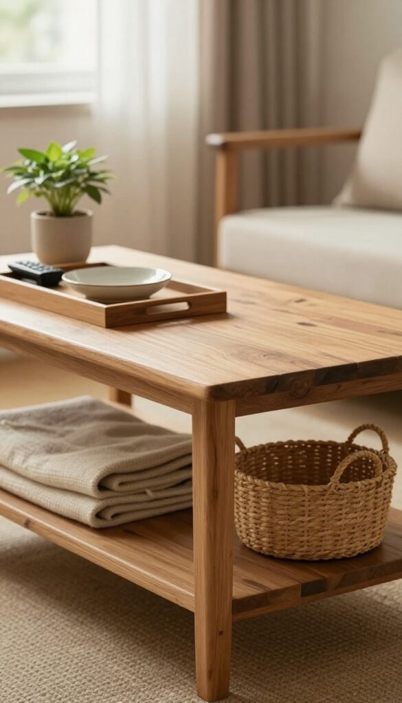 Warm wooden coffee table with storage shelf, tray, plant, and basket