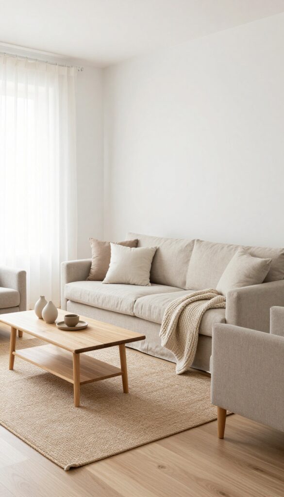 Light and neutral single wide living room with white walls, linen sofa, jute rug, and natural textures, feeling open and airy.