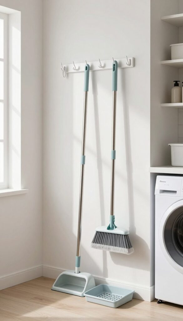 A hook strip mounted on a wall holding a mop and broom with a drip tray underneath