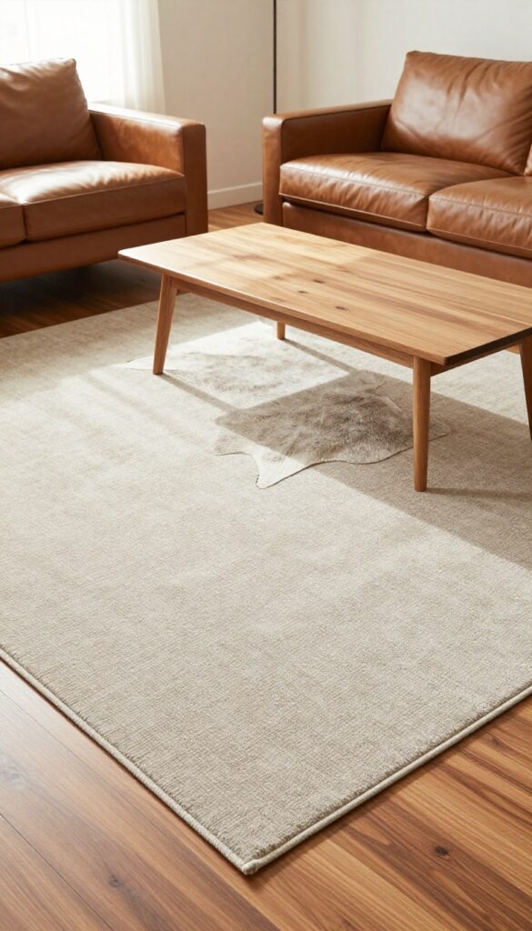 Layered rugs in a masculine living room: a neutral wool base rug with a cowhide rug on top, centered under a coffee table, with natural light and cozy textures.