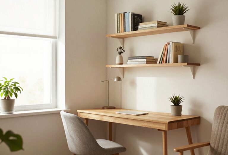 Cozy living room corner with a small wooden desk, lamp, plant, and floating shelves