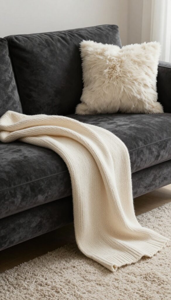 Charcoal velvet sofa with cream chunky knit throw and faux fur pillow, shag rug, soft natural light