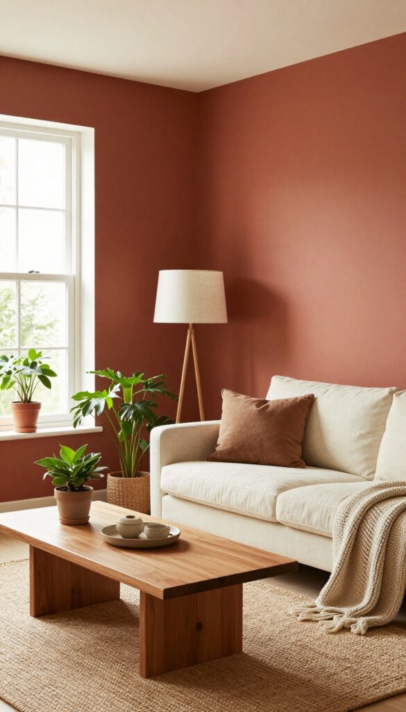 Living room with a deep terracotta accent wall, cream sofa, wood coffee table, jute rug, and plants, bathed in natural light.