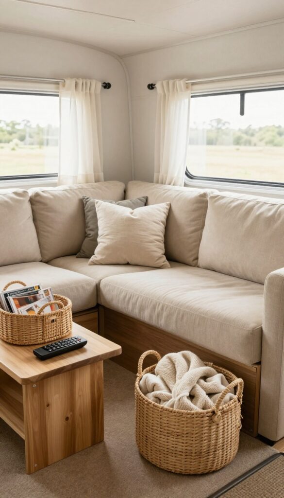 Cozy trailer living room with woven baskets for storage, natural light, neutral decor