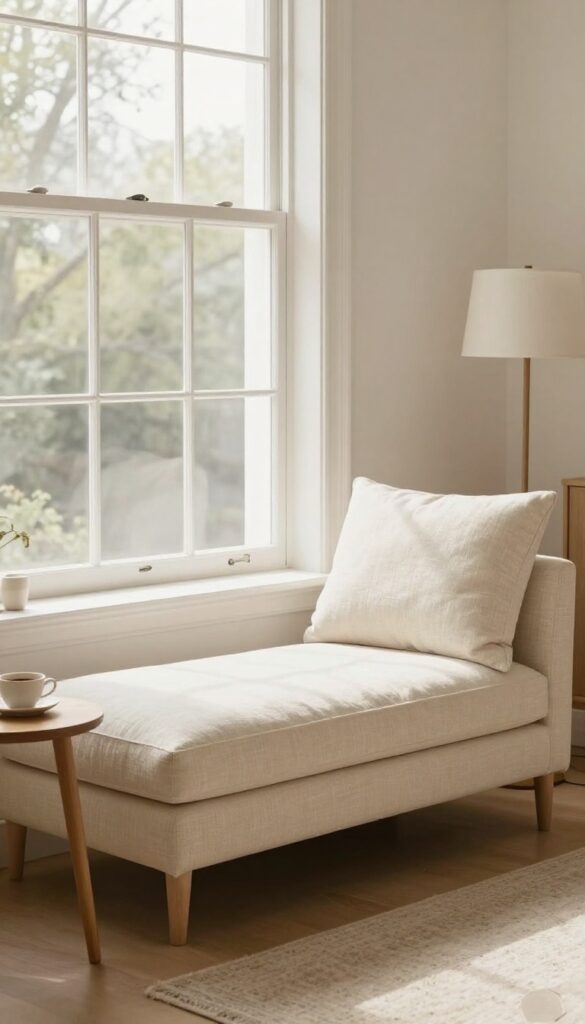 Chaise lounge angled near a window in a bright living room with natural light and cozy decor.