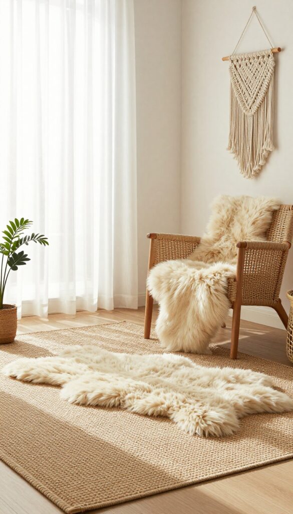 Cozy boho living room with faux fur rug and throw layered over jute carpet
