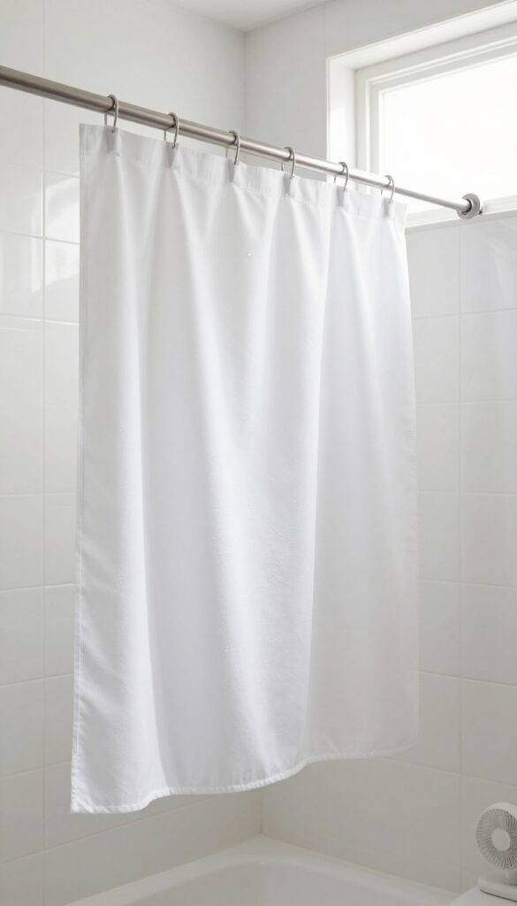 White fabric shower curtain hanging on a rod in a bright bathroom, drying naturally with a fan nearby.
