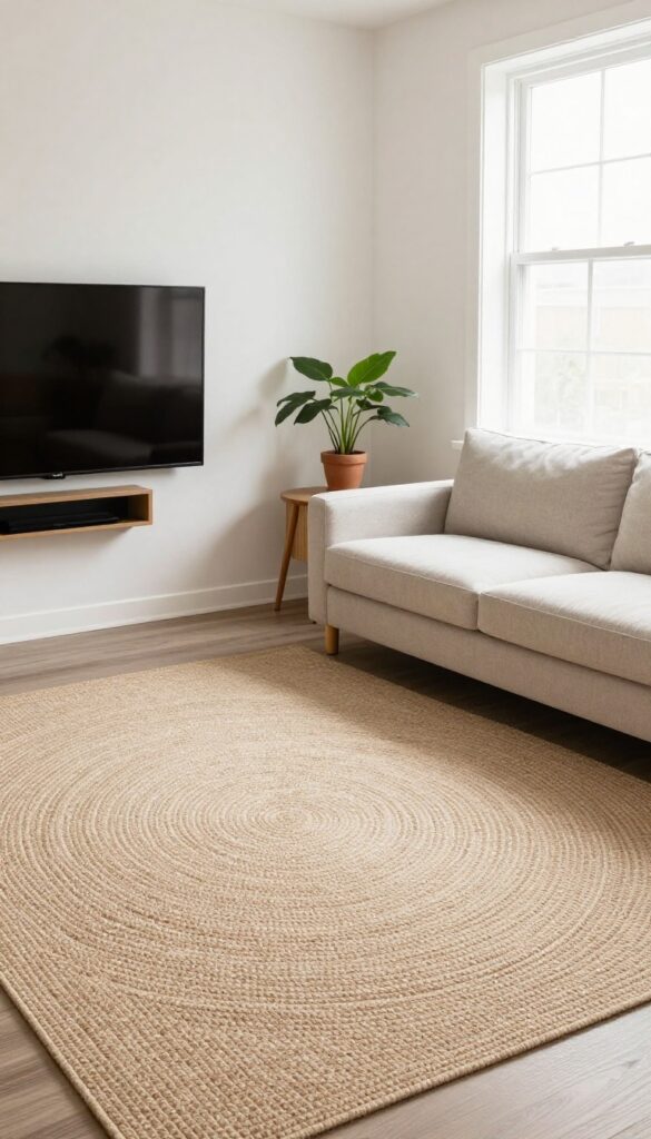 Cozy living room corner with TV, sectional sofa, and layered round rug