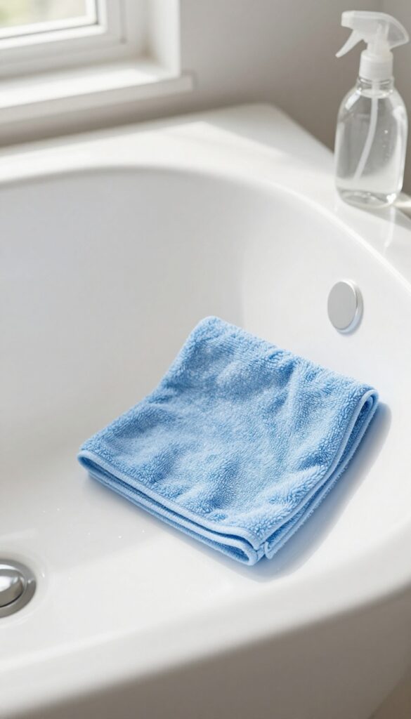 Cleaning a bathtub with dish soap and warm water using a microfiber cloth, spray bottle on the edge, bright natural light, clean and fresh.