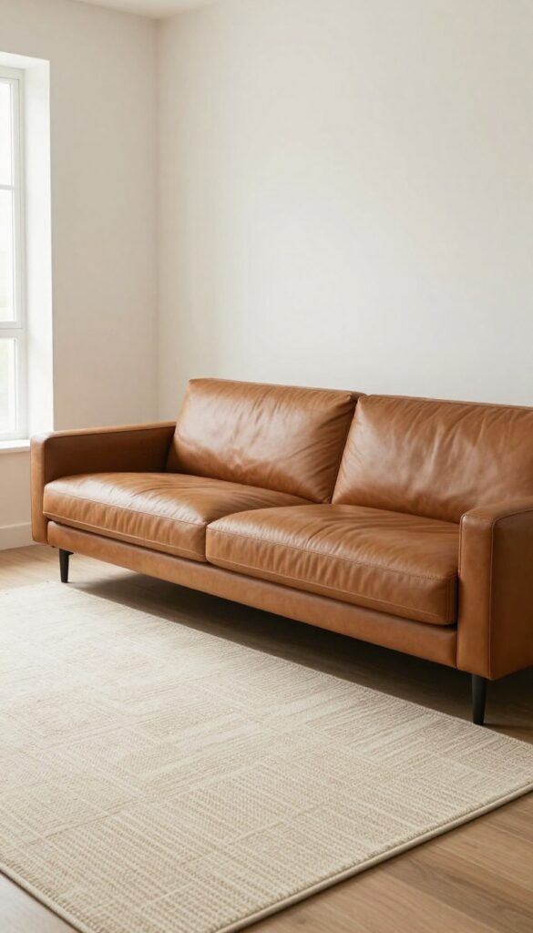 Small living room with cognac couch and low-profile rug