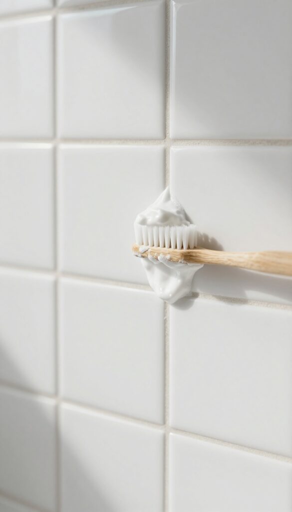 Baking soda paste applied to shower grout lines with a toothbrush nearby, bright natural light, photorealistic bathroom cleaning scene.