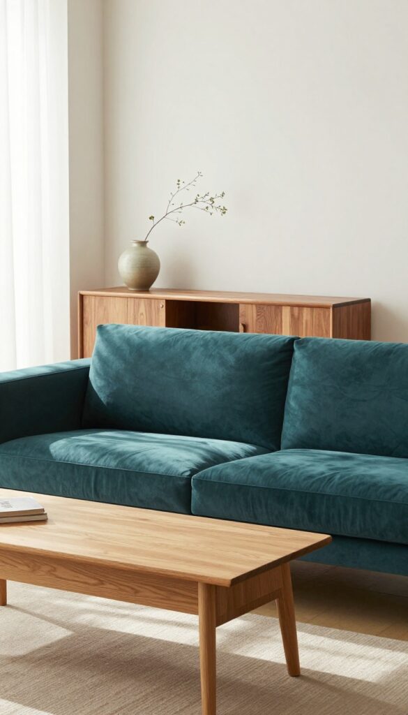 Teal sofa with light oak coffee table and walnut media console in a bright modern living room