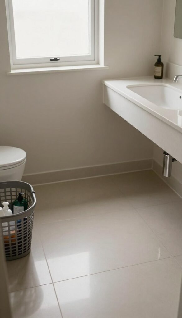 Empty bathroom countertop with all clutter removed, laundry basket with toiletries nearby, bright natural light