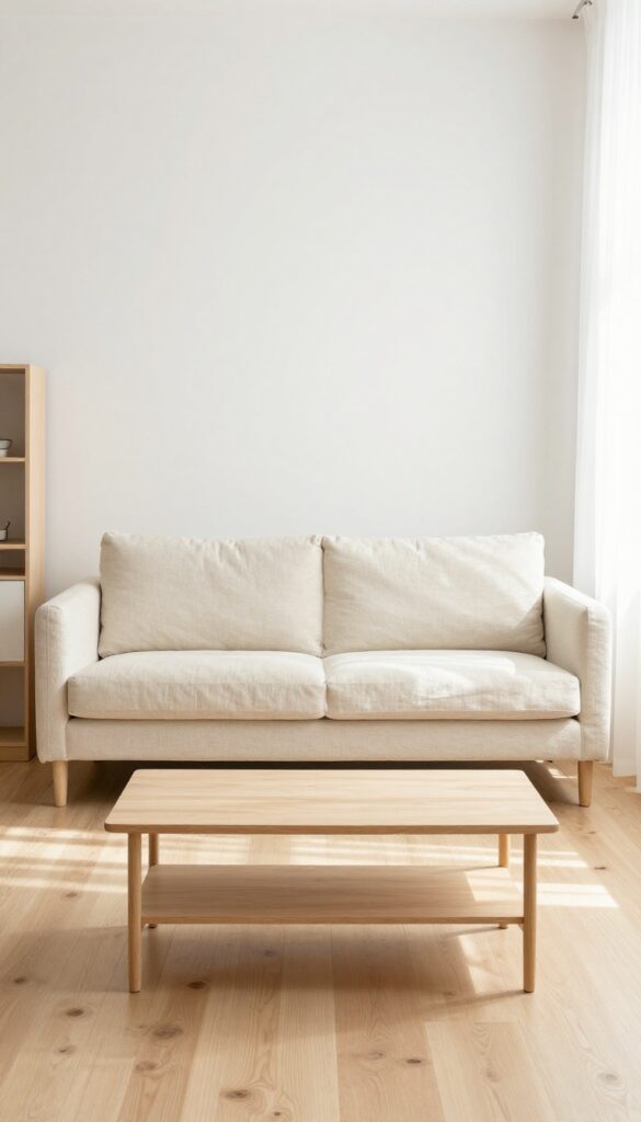 Light and airy living room with a slim-arm sofa in cream linen, floated in the room for a sleek silhouette.
