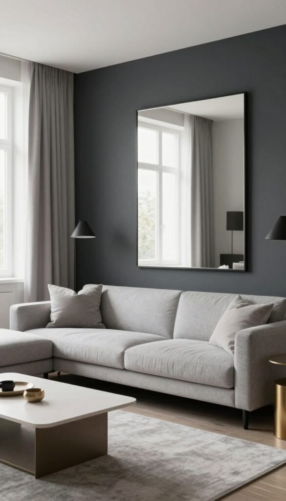 Modern living room with charcoal accent wall, light gray furniture, and a large mirror reflecting light