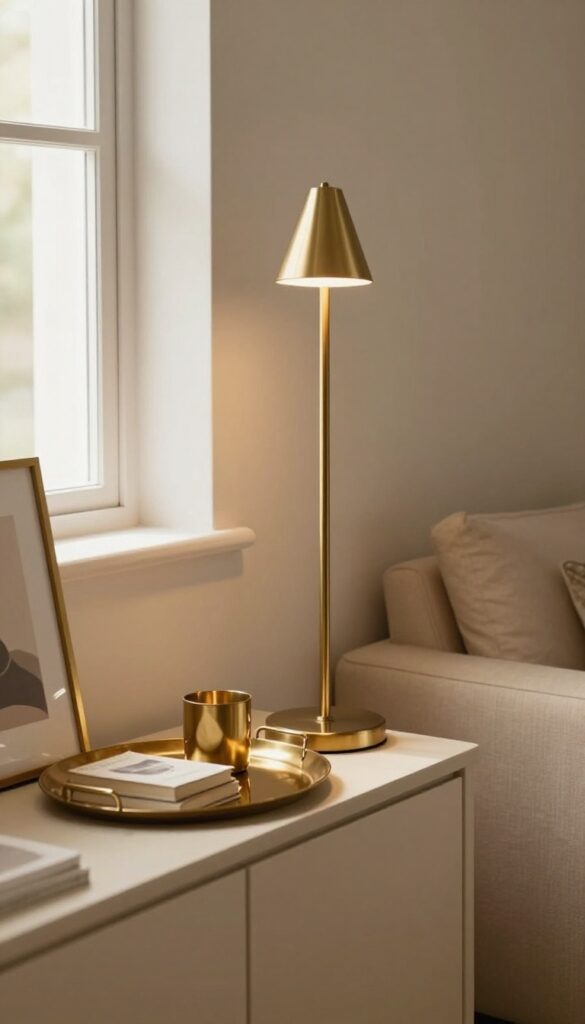 Beige living room corner with brass floor lamp, brass tray, and gold picture frame in natural light