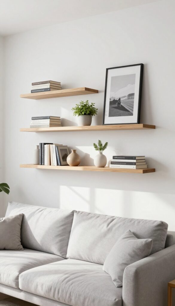 Floating shelves styled with books, plant, and vase in a modern living room