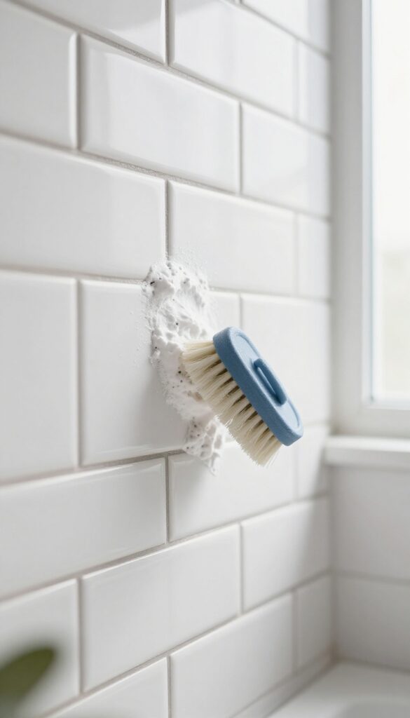 Cleaning bathroom grout with a brush and baking soda paste