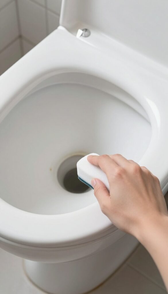 Hand scrubbing a stubborn toilet bowl stain with a magic eraser in a bright clean bathroom