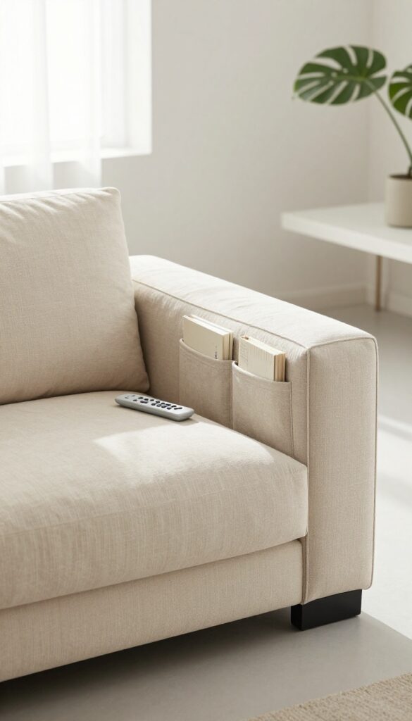 Close-up of a beige sofa with built-in magazine pockets holding books and a remote, in a bright, minimalist living room.