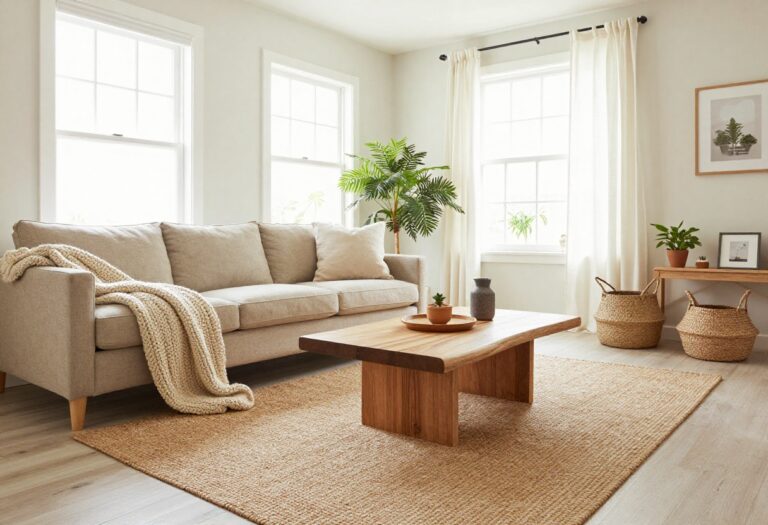 Cozy earthy living room with natural textures like jute rug, linen curtains, and chunky knit throw