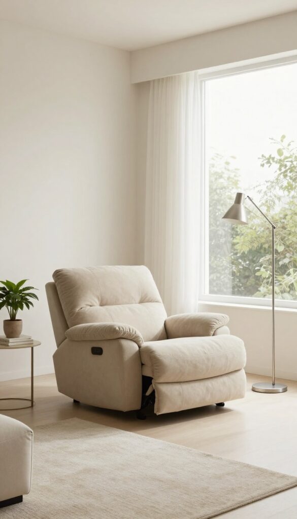 Low-profile recliner in a bright, airy living room corner near a window with a floor lamp and side table