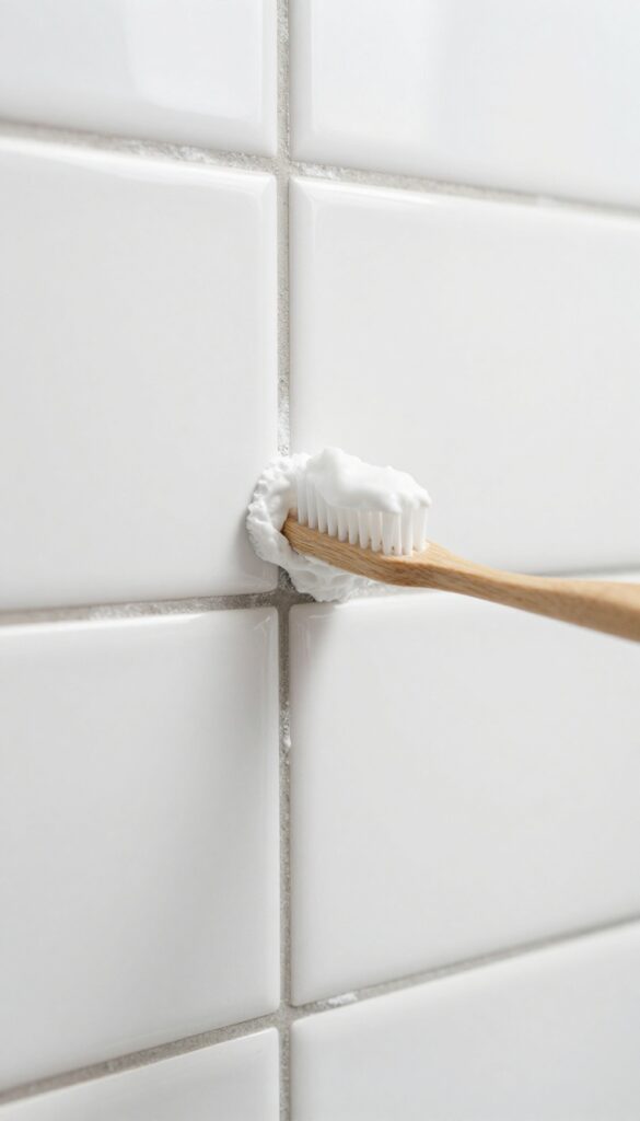 Cleaning shower tile grout with baking soda paste using a toothbrush