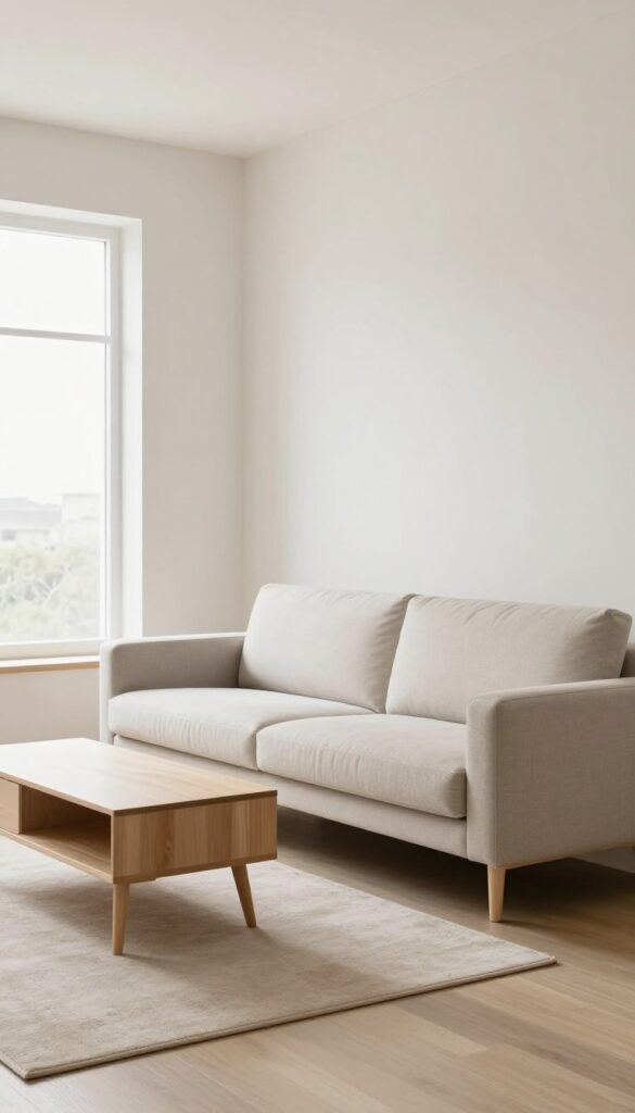 Narrow living room with low-profile furniture creating horizontal sightlines and an airy feel.