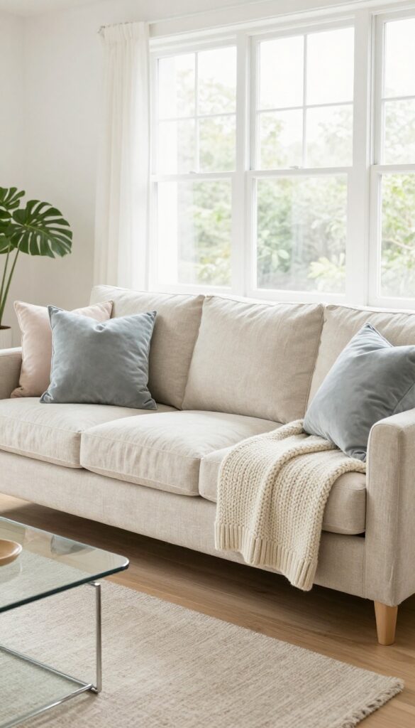 Light and airy living room with a slipcovered linen sofa, chunky knit throw, velvet pillows, wool rug, and glass coffee table.