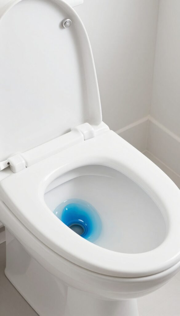 Toilet bowl with bleach gel cleaner under rim
