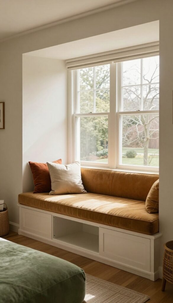 Cozy living room with green sofa and window seat featuring under-seat storage, warm camel cushion, and plush pillows in rust and cream.
