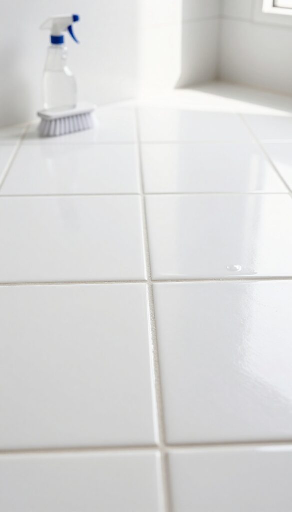 Oxygen bleach soak on tile floor grout lines with spray bottle and brush