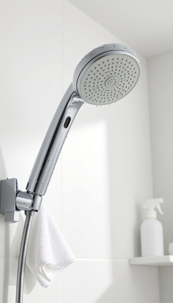 Shower head with water droplets, microfiber cloth, and vinegar bottle on clean tile