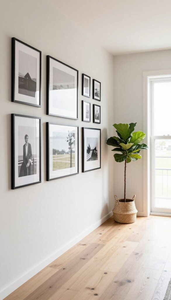 Narrow living room with gallery wall on one side and bare wall with plant and lamp