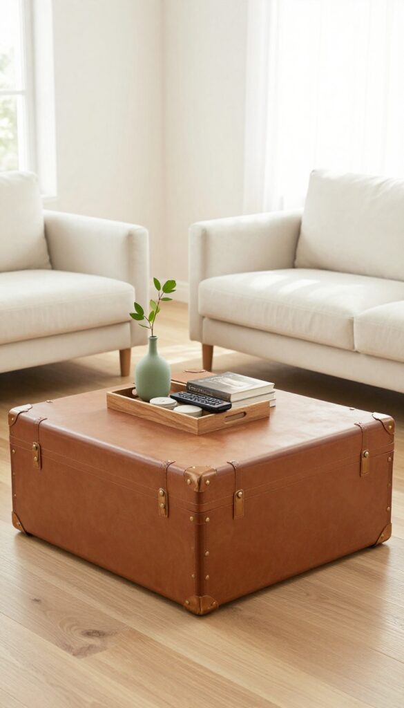 A modern living room featuring a large cognac leather trunk as a coffee table, styled with a tray, books, and a vase, with a white sofa in the background.